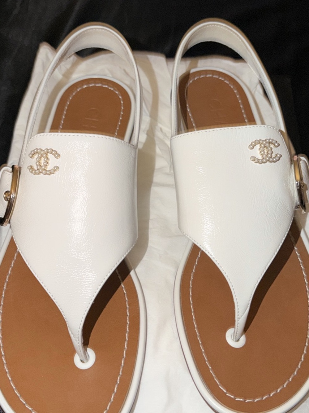 CHANEL White Leather Slingback Thong Sandals with Gold CC